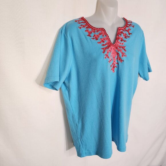 Quacker Factory Womens T Shirt Size Medium Short Sleeve Coral Embroidered Beaded - Picture 3 of 9